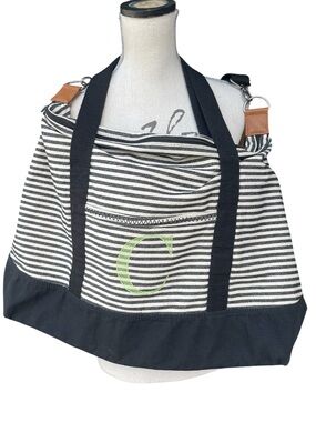Retro Metro Black/Ivory Stripe Monogram 'C' Large Crossbody Beach Gym Tote Bag